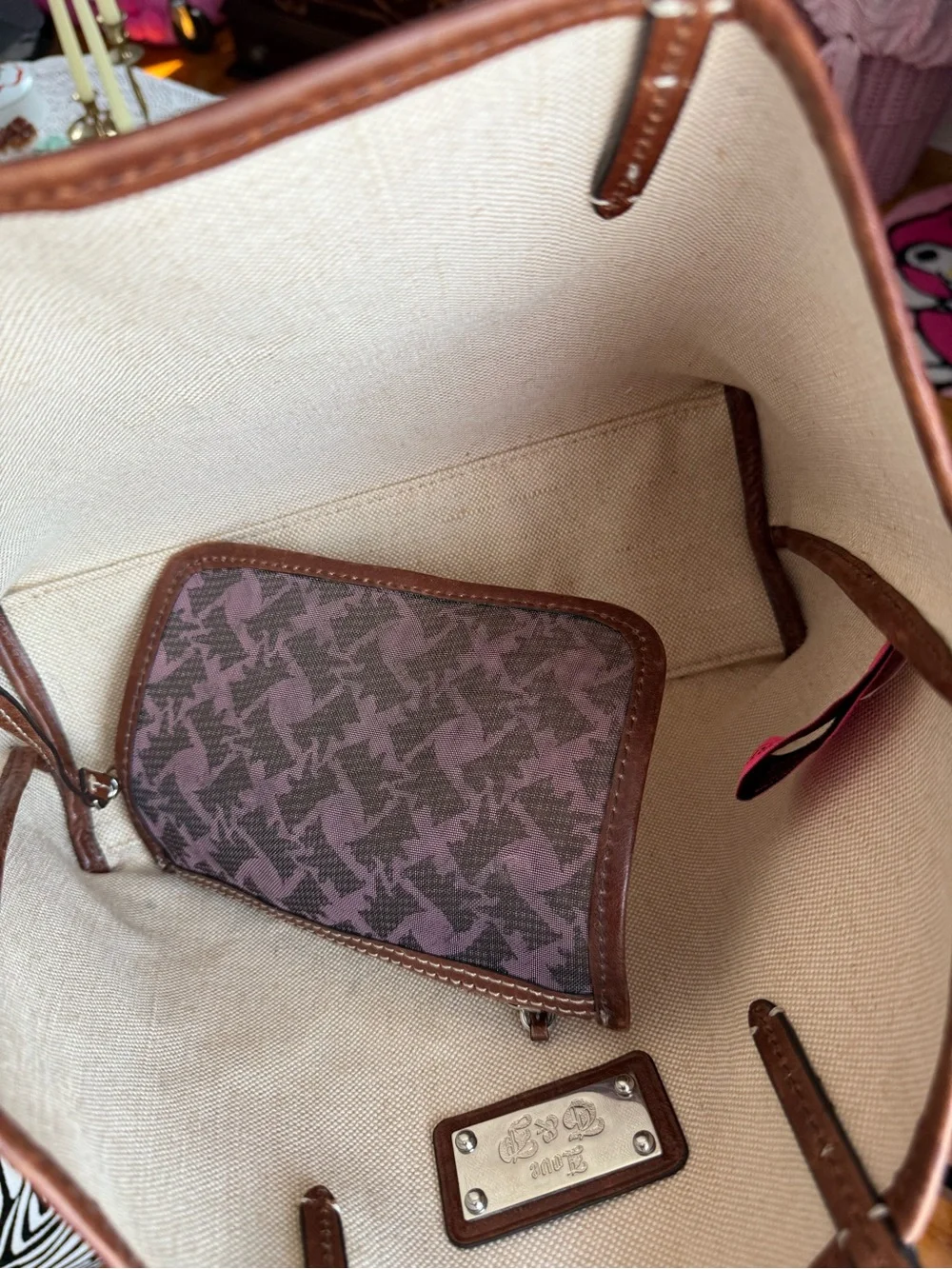 Juicy Couture Pink Canvas Tote with Brown Trim and Crown Charm